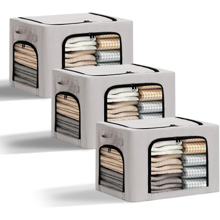 Cutie de Depozitare,  cu 3 Ferestre cu Fermoar Bidirectional, Cadru din Otel, Impermeabil, 38L, 42 x 30 x 30 cm, Gri