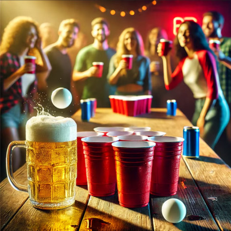 Joc de Baut BEER PONG, Cyrax, Set din 24 Mingi de Tenis si 24 Pahare Reutilizabile, Joc Interactiv pentu Adulti, Albastru Portocaliu