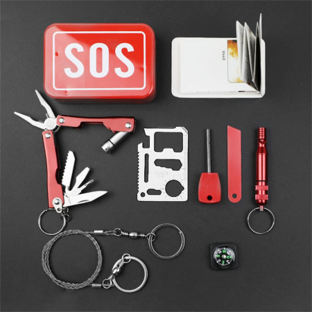 Kit supravietuire multifunctional  Instrumente profesionale, tip cutie, pentru Camping, Drumetii, Aventuri in aer liber, borseta inclusa, rosu