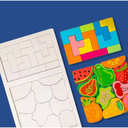 Puzzle Montessori din Lemn pentru Copii, Cyrax, Tip Tetris 2in1 +3 Ani, cu Fructe Colorate 3D, Educativ, Intuitiv, Creativ, 21 de Piese, 28.5x17x1.2 cm, Multicolor
