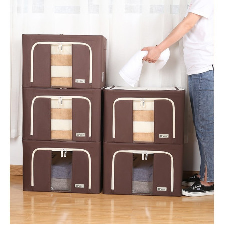 Cutie de Depozitare Pliabila,  Cu Fereastra si Fermoar Dublu, 66 L, Textil Premium, 50x40x33 cm, Cadru Metalic, Impermeabila, Maro