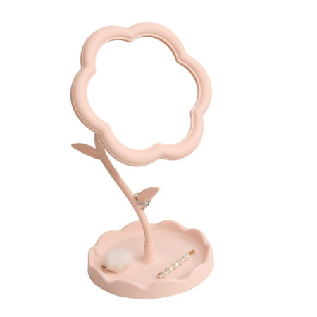 Oglindă de Machiaj pentru Birou, Cyrax, Rotativă, Detasabilă, Model de Floarea Soarelui, Suport pentru Inele, cu Depozitare, Roz