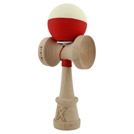 Kendama X Originala, Profesionala, Cyrax, Rubber Grip, Cupe Mari KING SIZE V3, Gaura in Baza, Rulment Metalic, din lemn 18 cm, Ata 62/65 cm, Bicolor Galben/Rosu