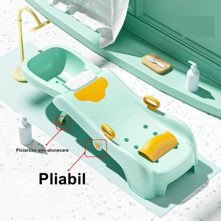 Suport Pliabil pentru Spalat Parul Cyrax, Pentru Copii, cu Scurgere, cu Picioare Antialunecare, Material Polipropilena, Suport Cap Reglabil, cu Manere, 110 x 35 x 21 cm, Verde