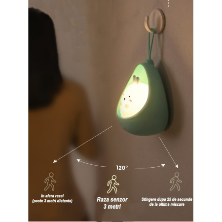 Lampa de veghe portabila cu 2 moduri de functionare  silicon non-toxic, reincarcabila USB, senzor miscare, albastru, pisicuta
