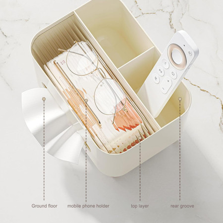 Suport pentru Servetele,  Cutie Multifunctionala, Design Minimalist, ABS, cu Suport pentru Obiectele Personale, pentru Birou, 21x15x13 cm, Crem