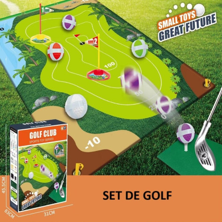 Set de Golf, Cyrax, Interactiune Parinte-Copil, Covor de Golf, 140 x 98 cm, 4 Mingii cu Scai, 3 Crose Reglabile, Model C, +3 Ani, Multicolor