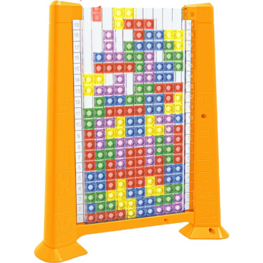 Joc de inteligenta Tetris puzzle tangram Cyrax, 70 de piese multicolore, 3D, montessori, interactiv, din plastic, zar inclus, sac depozitare piese, varsta peste 6 ani, 23 x 19.8 x 5 cm, cadru galben