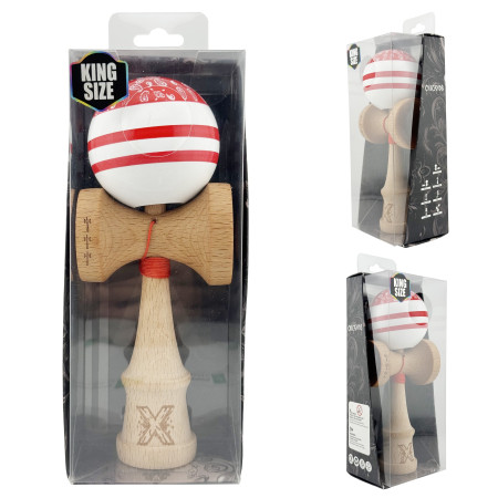 Kendama X CHICANOS Originala, Profesionala, Cyrax, Big Cups V2, Super Sticky cu Cupe Mari, Rulment Metalic, din lemn 18 cm, Ata 55 cm, Rosu/Alb