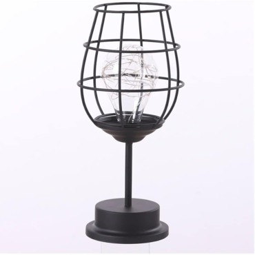 Lampa Decorativa cu Leduri,  Model Pahar de Vin, cu Baterii, 13 x 13 x 28 cm, Suport Negru, Lumina Alb Cald