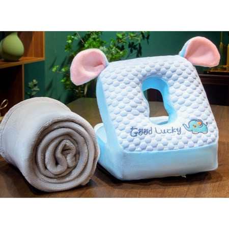 Set 2in1 Patura Microfibra si Perna din Spuma,  pentru Birou, Calatorii, Pauze, Model Elefant, Microfibra, 1x1.7 m, 30x35x30 cm, Albastru