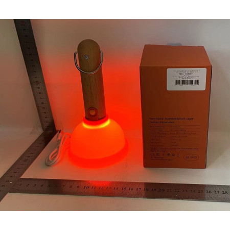 Lampa Nocturna,  Model Ventuza de Toaleta, Alimentare USB, din Lemn si Silicon, 16 x 9 cm, Portocaliu