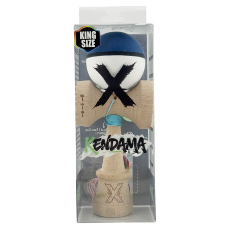 Kendama X Originala, Profesionala, Cyrax, Cupe Mari KING SIZE V3, Rubber Grip, Gaura in Baza, Rulment Metalic, din lemn 18 cm, Ata 62/65 cm, S Bicolor Albastru inchis/Alb