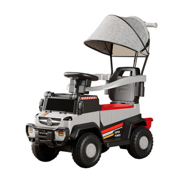 Masinuta Electrica, Cyrax, pe 4 Roti, cu Telecomanda si Maner Detasabil, Cos de Depozitare, Lumini Led si Muzica, +1 an, Greutate Portanta 40 kg, Gri