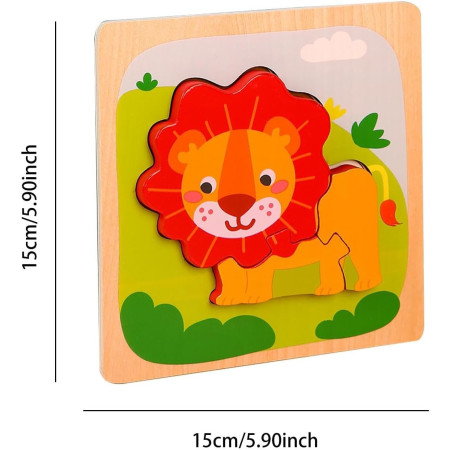Puzzle Montessori din Lemn pentru Copii, Cyrax, 3D, 0-3 Ani, Model Leu, Educativ, Intuitiv, Creativ, 3 Piese, 15x15x0.5 cm, Multicolor