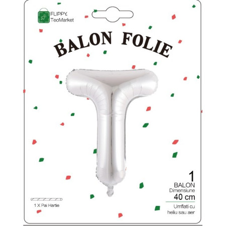 Balon Folie Metalizata Litera T, Cyrax, 40 cm, Umflati cu Heliu sau Aer, Ambalaj Individual, Pai inclus, Argintiu