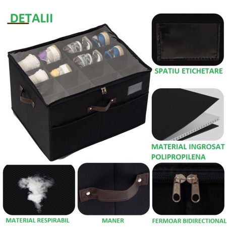 Cutie de Depozitare pentru Pantofi,  53x42x33 cm, cu Capac Transparent si Fermoar, din Panza Oxford, Pliabila, Negru