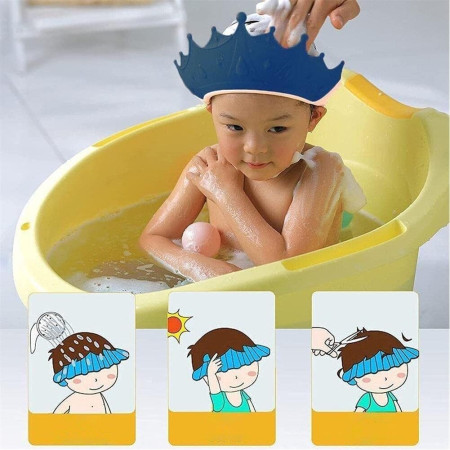 Cyrax Viziera de Protectie Baie Pentru Copii, Fippy, Model Coroana, Dimensiune ajustabila, Durabil, Usor de curatat, Impotriva Samponului, pentru Ochi si Urechi, TPE+PP, 15x13 cm, Albastru Inchis