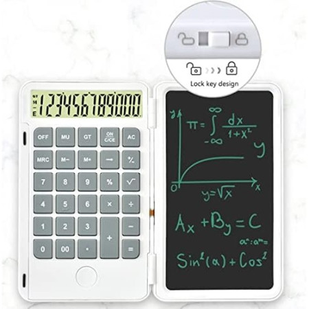 Calculator de Mana Reincarcabil cu Tabla de Scris,  Calculator Portabil, Ecran LCD, Afisaj cu 12 Cifre, Ecran de 15 cm, Culoare Alb