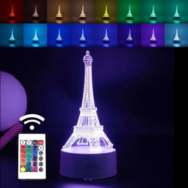 Lampa LED decorativa,  3D, Turnul Eiffel, din material acril si lumina multicolora, alb
