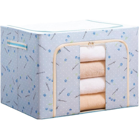 Cutie de Depozitare Pliabila,  Cu Fermoar, 66 L, Textil, 50x40x33 cm, cu 2 Ferestre, Cadru Metalic, Suport Baza Stabil din Plastic, Imprimeu Cirese, Albastru