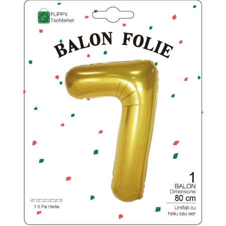 Balon din Folie Metalizata Cyrax, Figurina Cifra, Tema Aniversare 80 cm, Ambalaj Individual, Pai inclus, Umflare cu Aer sau Heliu, Auriu, Cifra 7