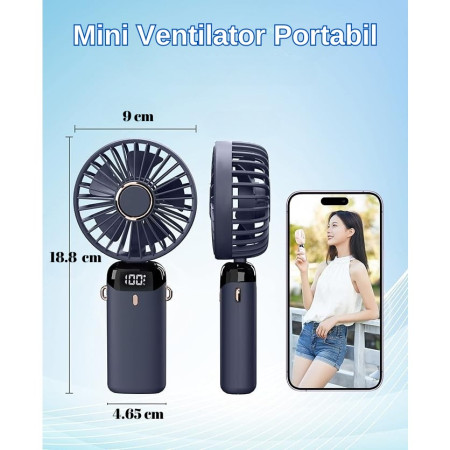 Ventilator Ultra Portabil cu Aromaterapie,  3 in 1, de Mana, de Birou, de Gat, 5 Trepte de Viteza, Incarcare USB, Autonomie 12h, Pliabil, cu Ecran LCD, Albastru