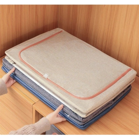 Cutie de Depozitare Pliabila,  66 L, din Bumbac si In, 50x40x33 cm, 2 Ferestre, Frontala si Laterala, 2 Usi de Acces cu Fermoar Bidirectional, Cadru Metalic, Suport Baza Stabil din Plastic, Bej