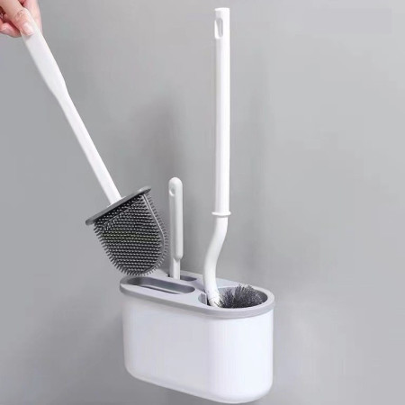 Set 3 Perii pentru Toaleta,  din Silicon, Perie Zimtata, Cap Flexibil, Suport Adeziv pentru Montarea pe Perete, 39 x 19 x 9.8 cm, Gri/Alb