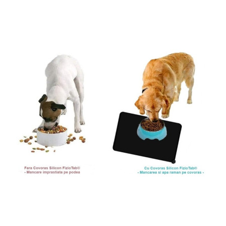 Covoras din silicon pentru animale  pentru bol de apa si mancare, antiderapant, margini ridicate pentru a mentine apa, 48.5x30 cm, Negru