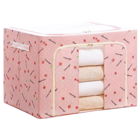 Cutie de Depozitare Pliabila,  Cu Fermoar, 100 L, Textil, 60x42x40 cm, cu Fereastra, Cadru Metalic, Suport Baza Stabil din Plastic, Imprimeu Cirese, Roz