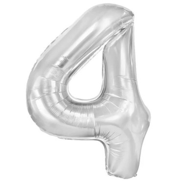 Balon din Folie Metalizata, Cyrax, Figurina Cifra, Tema Aniversare 100 cm, Ambalaj Individual, Pai inclus, Umflare cu Aer sau Heliu, Argintiu, Cifra 4