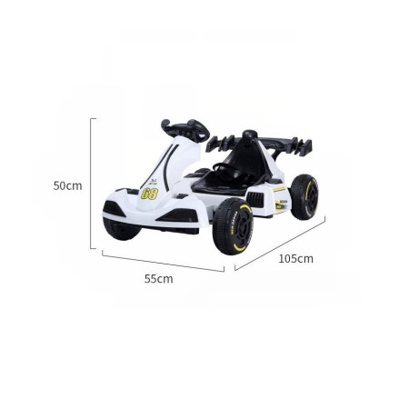 Masinuta Electrica Cyrax, Tip Kart, cu Telecomanda, Dimensiune Reglabila, 2 Viteze, Sistem de Lumini si Sunet, Pentru Copii intre 1.2 - 1.6 Inaltime, 105 x 55 x 50 cm, Alb
