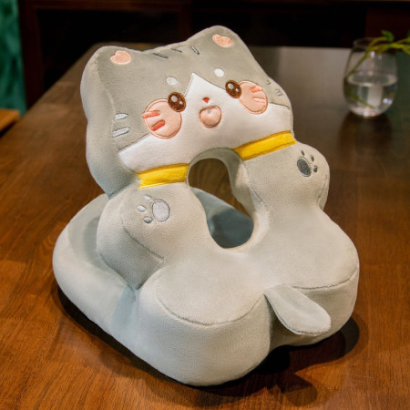 Perna din Spuma,  pentru Birou, Calatorii, Model Pisica, Lavabila, Umplutura de Bumbac, Spatiu Cap in Forma de 8, 30x35x30 cm, Gri
