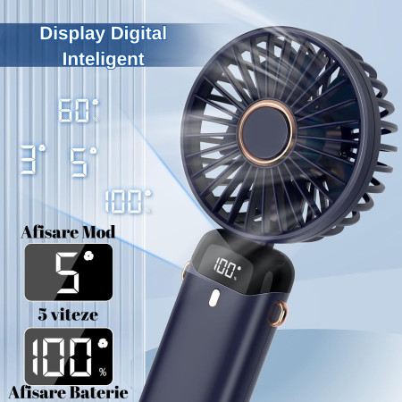 Ventilator Ultra Portabil cu Aromaterapie,  3 in 1, de Mana, de Birou, de Gat, 5 Trepte de Viteza, Incarcare USB, Autonomie 12h, Pliabil, cu Ecran LCD, Albastru