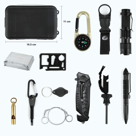 Kit supravietuire 19 in 1  Cutit/Busola/Lanterna/Fluier/Chingi/Paracord, pentru Caping, Drumetii, Aventuri, Insturmente profesionale, Negru