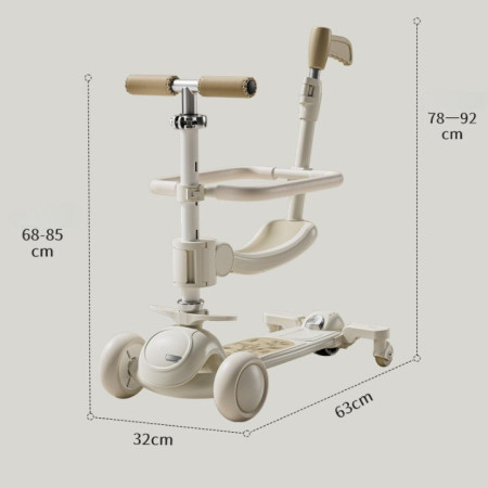 Trotineta Tip Carucior pentru Copii 7in1, Cyrax, Pliabila, Ghidon Reglabil, Parti Detasabile, Lumini LED, Muzica, Suport pentru picioare, Alb
