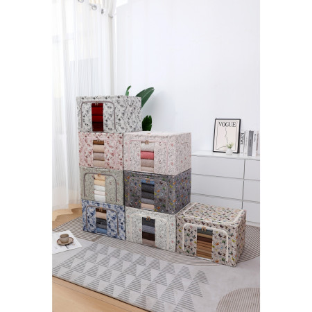 Cutie Depozitare,  66L, din Material Textil, 50 x 40 x 33 cm, pentru Haine si Lenjerii, Model Fluturasi, Gri/Auriu