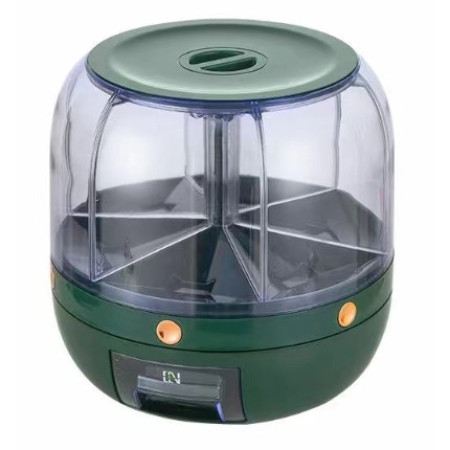 Dozator de cereale Cyrax, rotativ 360, 6 compartimente, capacitate 6 L, rezistent la umezeala, inchidere etansa, verde
