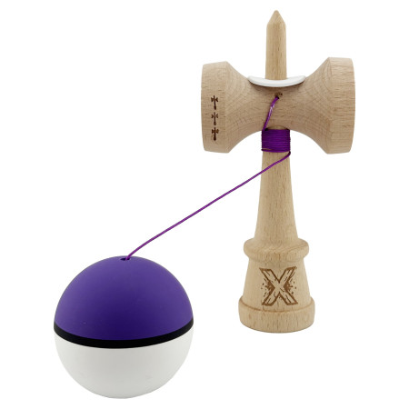 Kendama X Originala, Profesionala, Cyrax, Cupe Mari KING SIZE V3, Rubber Grip, Gaura in Baza, Rulment Metalic, din lemn 18 cm, Ata 62/65 cm, S Bicolor Violet/Alb