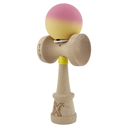 Kendama X Originala, Profesionala, Cyrax, Rubber Grip, Cupe Mari KING SIZE V3, Gaura in Baza, Rulment Metalic, din lemn 18 cm, Ata 62/65 cm, Gradient Roz/Galben