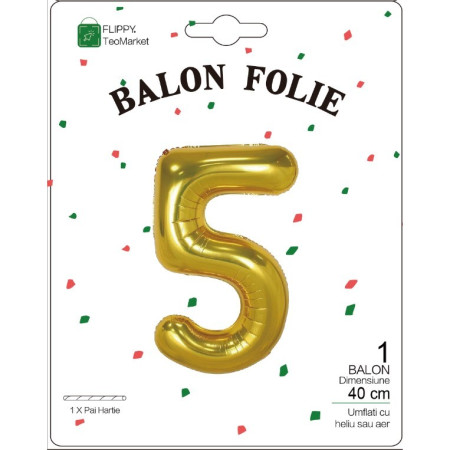 Balon din Folie Metalizata Cyrax, Figurina Cifra, Tema Aniversare 40 cm, Ambalaj Individual, Pai inclus, Umflare cu Aer sau Heliu, Auriu, Cifra 5
