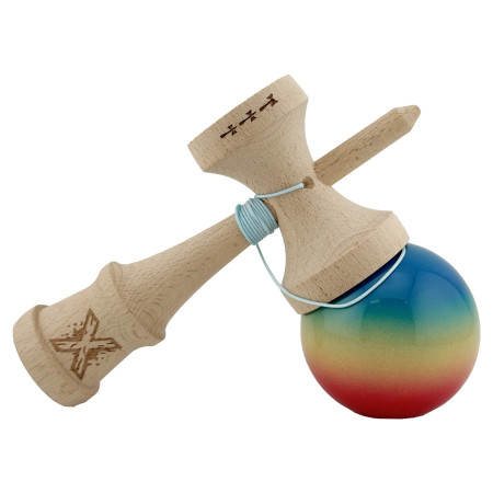 Kendama X Originala, Profesionala, Cyrax, Big Cups V2, Super Sticky Cupe Mari, Rulment Metalic cu Ata 55 cm, Rosu/Galben/Albastru