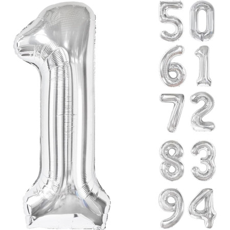 Balon din Folie Metalizata, Cyrax, Figurina Cifra, Tema Aniversare 100 cm, Ambalaj Individual, Pai inclus, Umflare cu Aer sau Heliu, Argintiu, Cifra 1