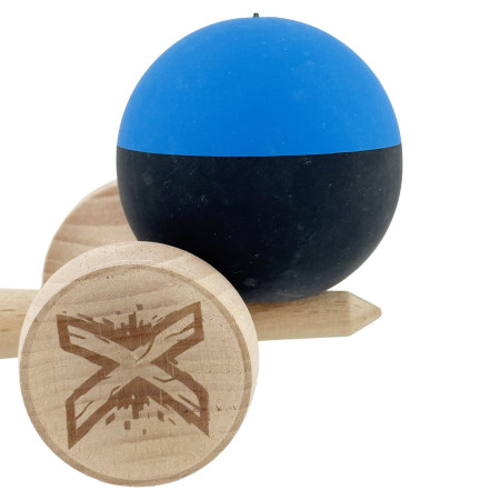 Kendama X Originala, Profesionala, Cyrax, Rubber Grip, Cupe Mari KING SIZE V3, Gaura in Baza, Rulment Metalic, din lemn 18 cm, Ata 62/65 cm, Bicolor Albastru/Negru