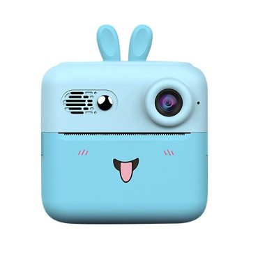 Camera Instantanee pentru Copii, Cyrax, cu Functie de Printare, Cablu USB-C, Bluetooth, Compatibil iOS/Android, Imprimare APP, Model Iepure, Snur de Agatat Inclus, Albastru