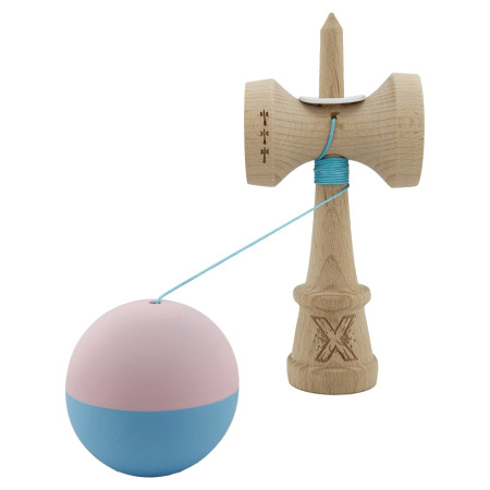 Kendama X Originala, Profesionala, Cyrax, Rubber Grip, Cupe Mari KING SIZE V3, Gaura in Baza, Rulment Metalic, din lemn 18 cm, Ata 62/65 cm, Bicolor Roz/Bleu