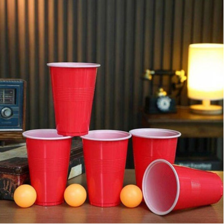 Joc de Baut BEER PONG, Cyrax, Set din 24 Mingi de Tenis si 24 Pahare Reutilizabile, Joc Interactiv pentu Adulti, Albastru Portocaliu