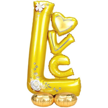 Balon din Folie Metalizata, Cyrax, Figurine, Model LOVE, Tematica Iubire, 110x64 cm, Ambalaj Individual, Pai Inclus, Umflare cu Aer sau Heliu, Galben