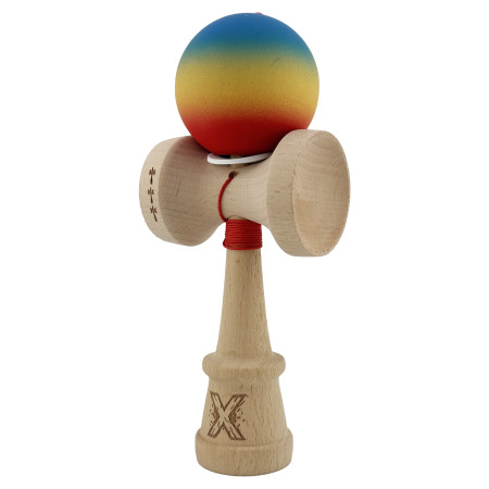 Kendama X Originala, Profesionala, Cyrax, Cupe Mari KING SIZE V3, Rubber Grip, Gaura in Baza, Rulment Metalic, din lemn 18 cm, Ata 62/65 cm, Gradient Albastru/Galben/Rosu